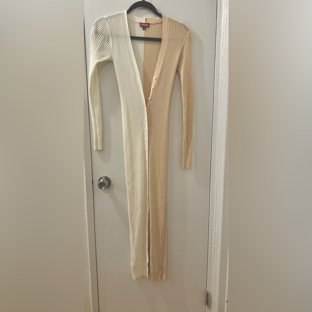 Staud Shoko Colorblock Sweater Dress in Biscotti/White, Size XS
